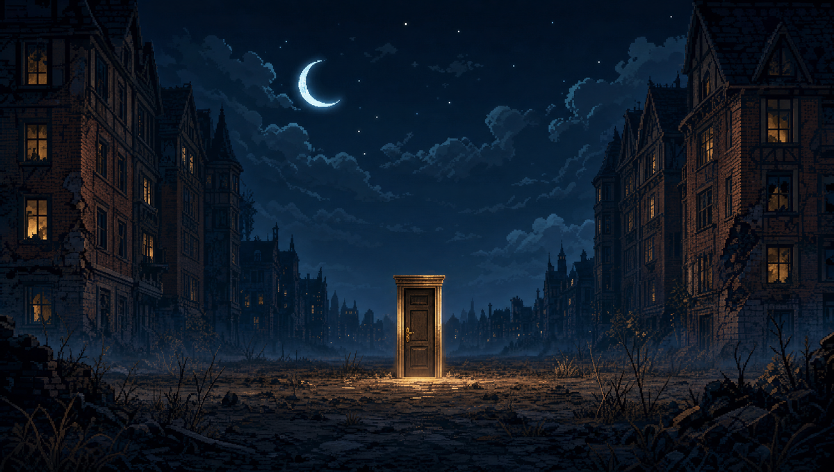 The empty gap in the ring of buildings, with a lone door